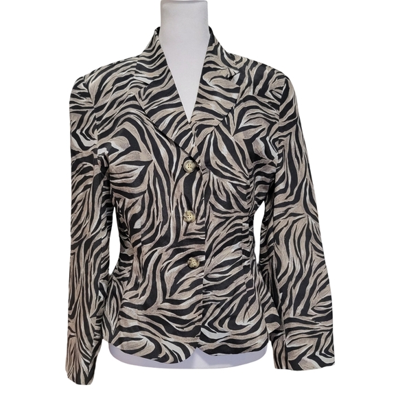 Vintage 100% Silk Anna & Frank Size Small Black Tan Zebra Animal Print Blazer - Picture 2 of 6